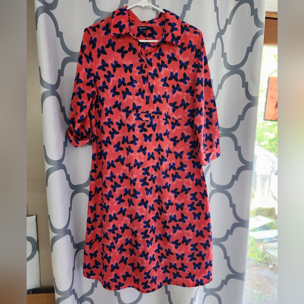 Gap Maternity Dress Womens Size M Coral Fabric With Blue & Black Butterflies